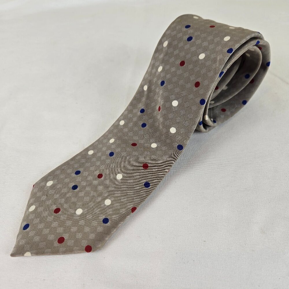 Lanvin Paris 100% Silk Men's Tie Taupe Red White Blue Polka Dots Office Gifts